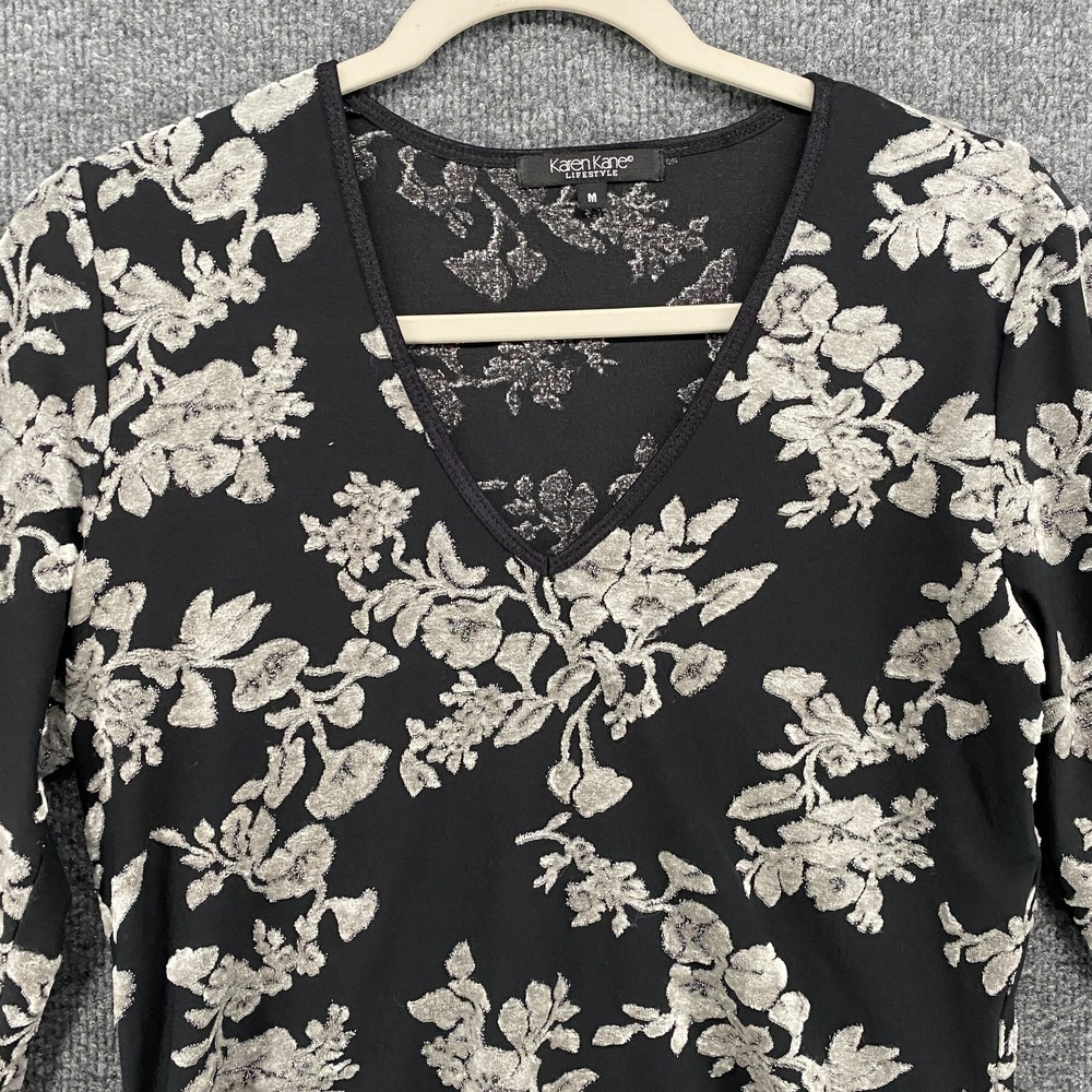 Karen Kane Top Medium Black Burnout Silver V-Neck Fitted Whimsigoth Fairy Grunge - Picture 2 of 8